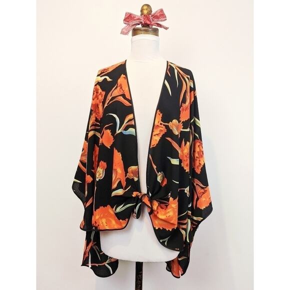 ANTHROPOLOGIE KIMONO BLACK RED FLORAL FLOWY CAPE ONE SIZE - Picture 1 of 5